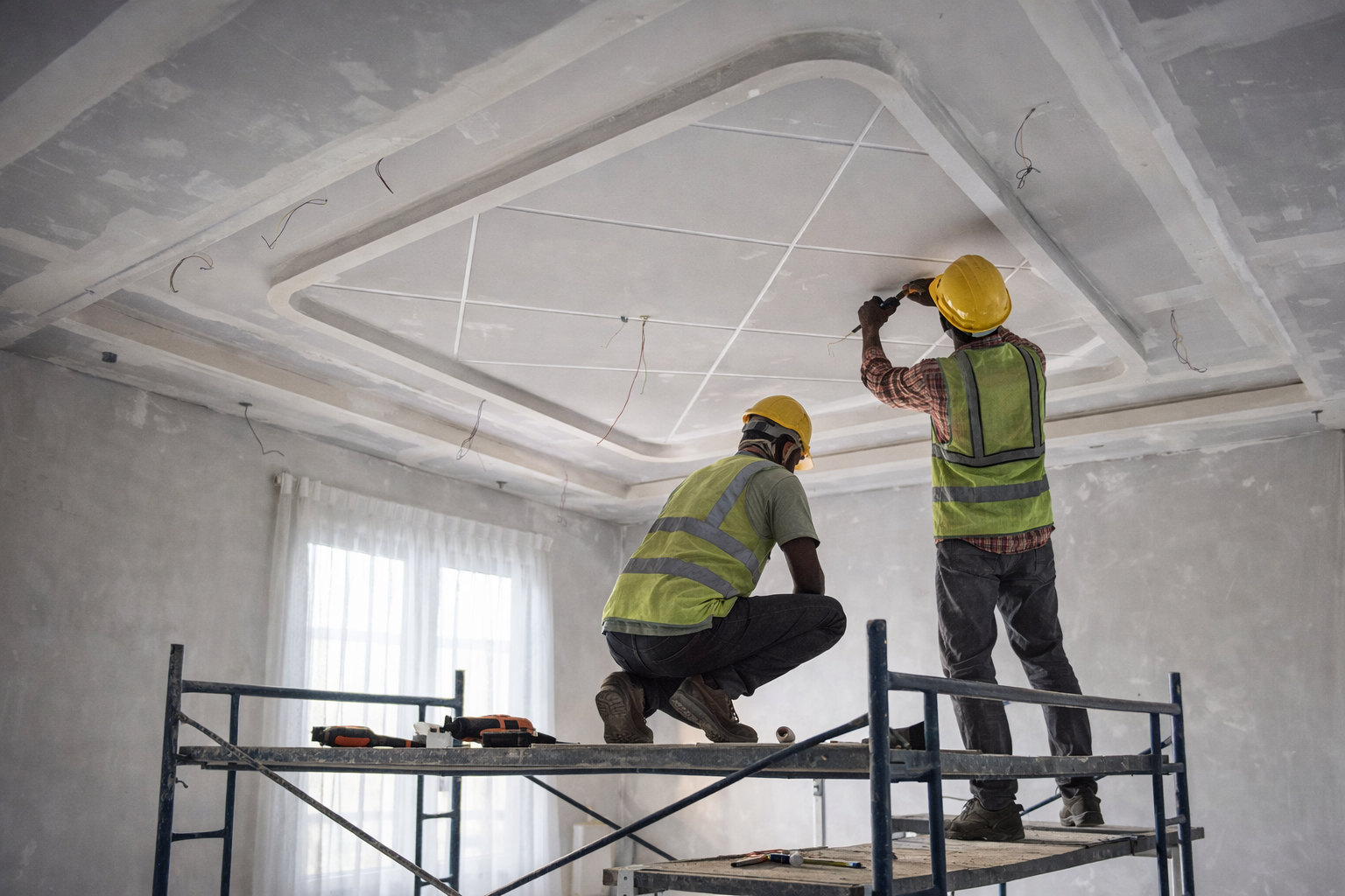 False ceiling installation work in progress by Skyline Ceilings team